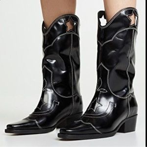 NEW GANNI Black Marlyn 50 Cutout Star Leather Cowboy Boots Size 8/38 High Texas